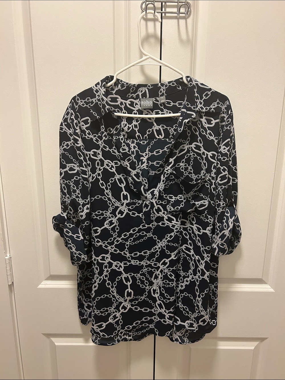 New York & Company Navy and White Chain-Print Blouse
